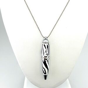 Elegant Black and White Zebra Striped Ball Point Pen Pendant Necklace 36 inches